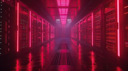 Data server room with blinking lights