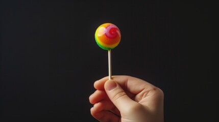Fresh, clean advertisement shot of a hand lifting a colorful lollipop candy, focused against a pure black background, perfect for bold visual statements, studio lighting