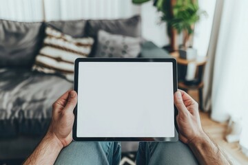 male hands holding a tablet with a blank screen in the living room