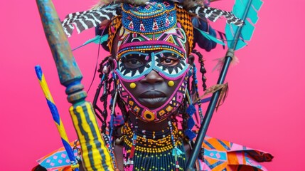 Tribal African man with colorful paint and feathers holding a bow and arrow in the jungle