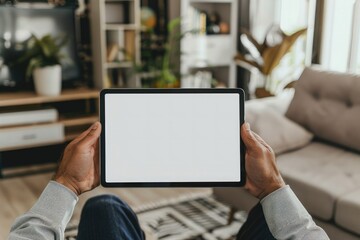 male hands holding a tablet with a blank screen in the living room