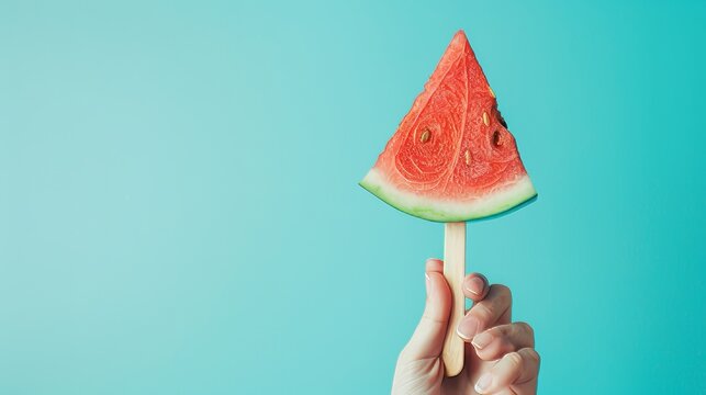 Lively image of a hand holding a watermelon slice on a stick, frozen fruit concept embodied, set against a smooth isolated background, studio lighting