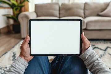 Naklejka premium male hands holding a tablet with a blank screen in the living room