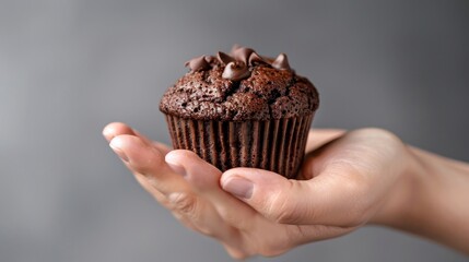 Professional advertisement shot of a hand presenting a chocolate muffin, perfect for showcasing in a bakery's marketing materials, isolated background, studio lighting