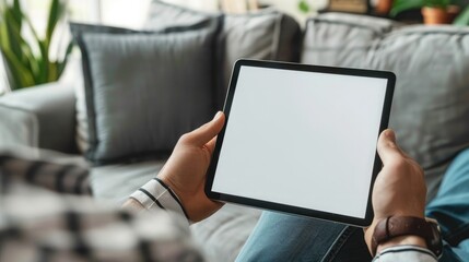 male hands holding a tablet with a blank screen in the living room