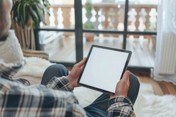 male hands holding a tablet with a blank screen in the living room