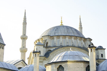 Domes and minarets of the Sultan's Nuruosmaniye Mosque, built near the Grand Bazaar in Istanbul,...