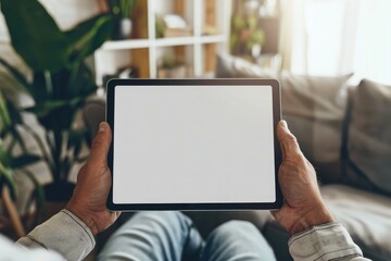 male hands holding a tablet with a blank screen in the living room