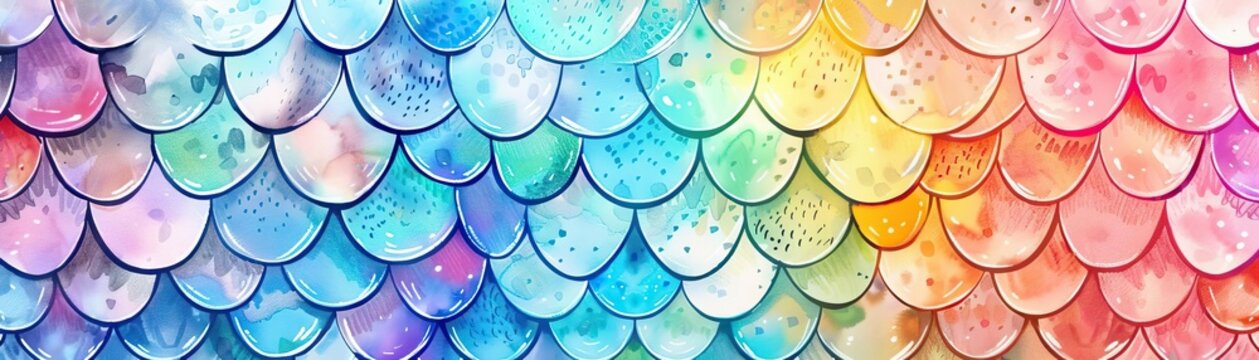 A watercolor painting of a mermaid's tail with scales in a rainbow of colors.