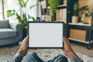 male hands holding a tablet with a blank screen in the living room