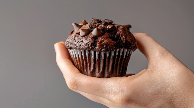 Stylish image of a hand holding a chocolate muffin with a bite taken out, emphasizing indulgence, against an isolated background, studio lighting