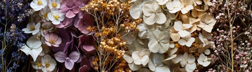 A close up photograph of a variety of dried flowers.