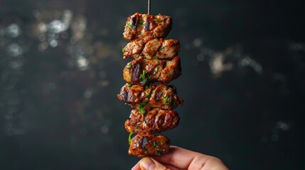 Vibrant shot focusing on a hand holding a delectable Turkish meat kebab on a stick, with a sleek isolated background, studio lighting for vivid detail - obrazy, fototapety, plakaty