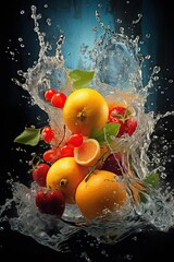 A variety of fruits, including oranges, strawberries, cherries, and lemons, are arranged in a visually pleasing way. The fruits are arranged in a way that is visually pleasing. The background is a dar