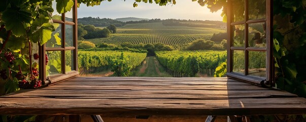 Empty wooden table with vineyard view out of open window, morning light	