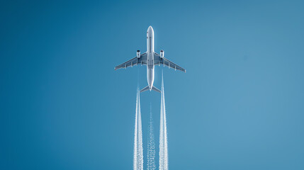 A commercial airliner ascending with a clear blue sky in the background, capturing the essence of modern air travel and connectivity.
