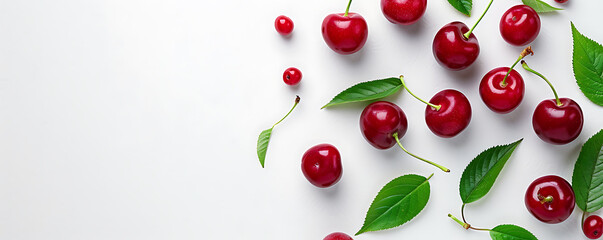 
Top view, flat lay red juicy cherries with green leaves on a white background with space for text.
