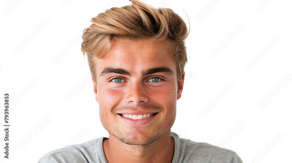 Wall mural close up of a young handsome man with a smiling face wearing casual t-shirt, isolated on white backg