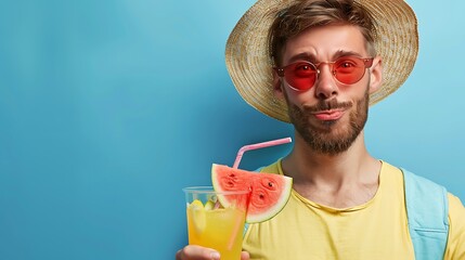 Summer fashionable colorful portrait of stylish young man drinking juice with lollipop or ice cream shaped slice of watermelon wearing a straw hat on blue background
