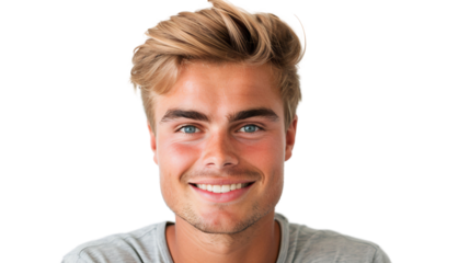 Close up of a young handsome man with a smiling face wearing casual t-shirt, isolated on white background