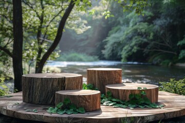Four Wooden Podiums For Product Presentation, Forest And River In The Background, Daylight,...