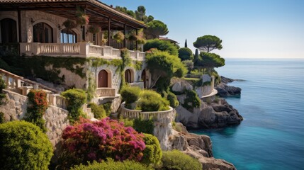 A beautiful house sits on a cliff, overlooking the expansive ocean below, under a clear blue sky - obrazy, fototapety, plakaty