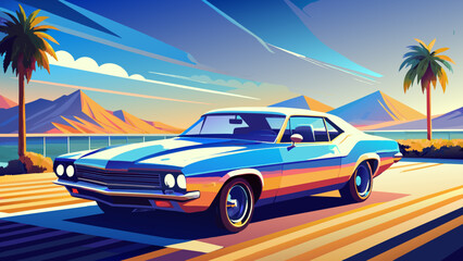 Fototapeta premium A sports car on the road.The road into the distance. The car rushes along a picturesque road.Let's go! An illustration of a car ready for new discoveries in the vast expanses. mustang