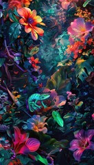 Fototapeta na wymiar Futuristic Floral Transformation Abstract Composition with Hidden Chameleons