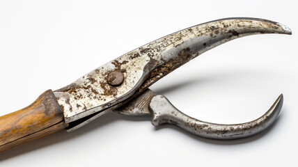 Rusty pruning shears with wooden handle, showing signs of wear and age.