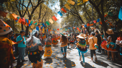Festive street celebration with colorful flags, dancing people in traditional costumes. - obrazy, fototapety, plakaty