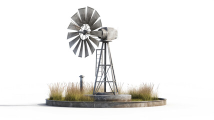 Traditional windmill isolated with tall grass around it, symbolizing renewable energy.