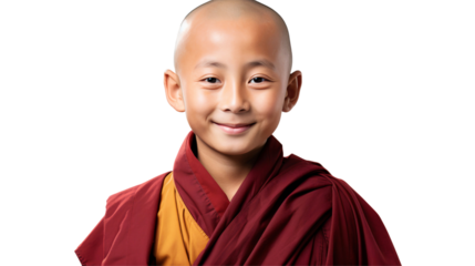 Portrait of a smiling young Buddhist monk with bald head, isolated on transparent background