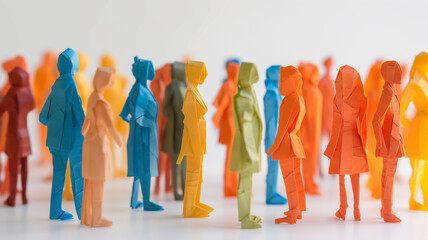 Colorful origami human figures, representing diversity and unity in community.