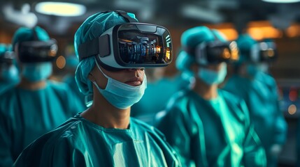 Medical Simulation healthcare professionals using VR technology to simulate surgical procedures or medical scenarios for training purposes, immersive and realistic training opportunities by VR.