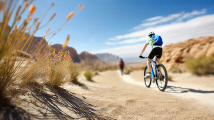 Bicyclists on a trail in the desert. Blurred background, sunny day with blue sky