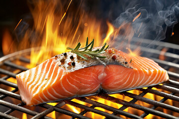 Grilled salmon steak with rosemary on a barbecue grill with flames over dark background