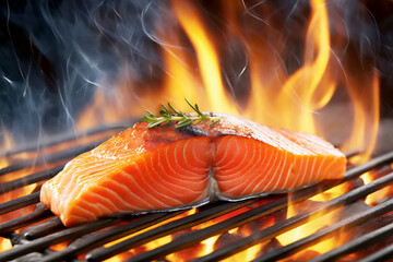 Grilled salmon steak with rosemary on a barbecue grill with flames over dark background