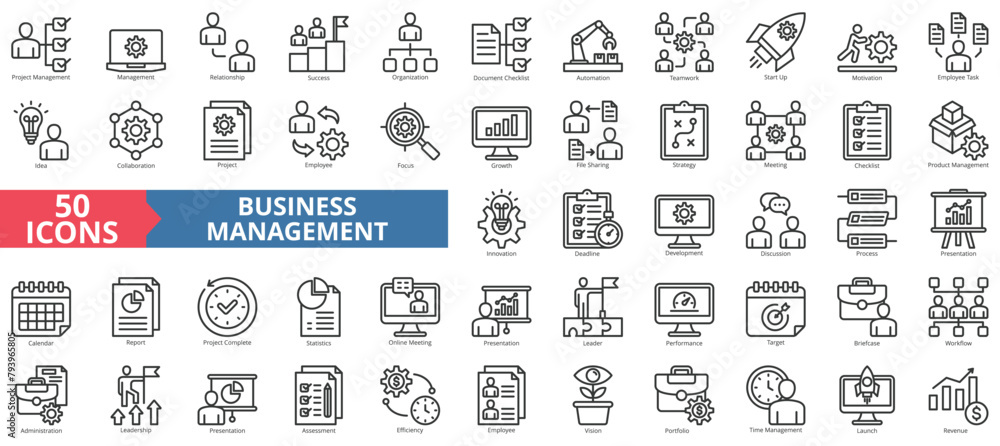 Poster business management icon collection set. containing project, relationship, success, organization, do