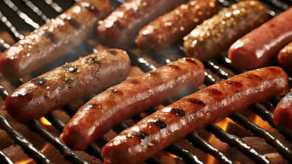 Grilled sausages on barbecue grill, close-up view