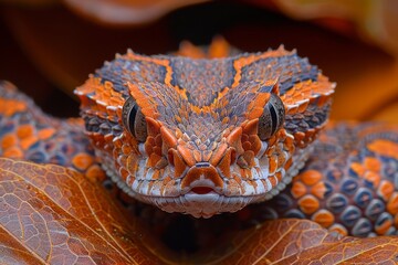 Gaboon Viper: Camouflaged among leaves, highlighting its intricate pattern and large fangs.