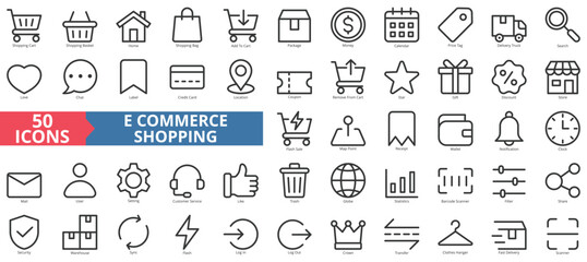 Ecommerce shopping icon collection set. Containing cart, basket, home, bag, package, money, calendar icon. Simple line vector.
