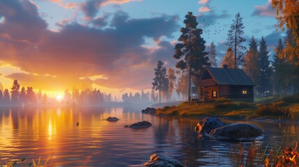 A tranquil evening scene at a colorful lake, with the last rays of sunlight casting a warm glow on the water and a rustic cabin in the distance. - obrazy, fototapety, plakaty