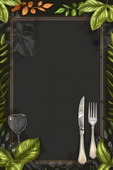 Vertical blank for restaurant menu or special offer with fork, knife, glass, leaves on the black background. Illustration for food menu design template with copy space.