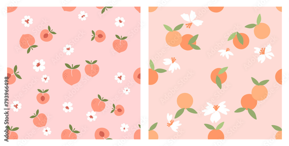 Sticker seamless pattern with peach fruit green leaves, orange fruit and cute flower on pink backgrounds. cu