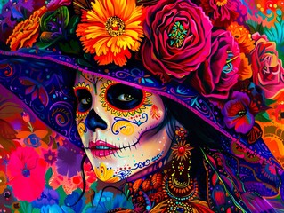 A woman in a colorful hat and flowers.