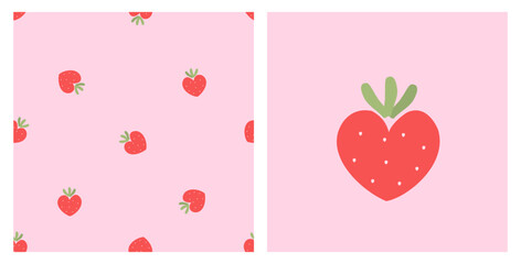 Seamless pattern with heart shape strawberry and green leaves on pink background vector. Cute strawberry icon.