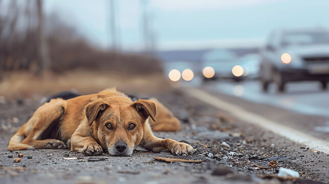 An abandoned dog lying beside a road, with cars passing indifferently in the background, illustrating the loneliness and vulnerability of strays.