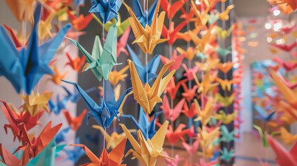 An art installation featuring origami cranes, with participants from various countries contributing, representing collective efforts towards peace. - obrazy, fototapety, plakaty