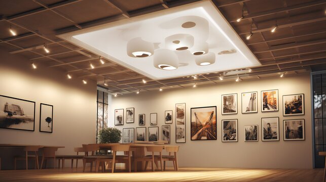 3D illustrated mock-up poster with ceiling lighting. Illustrations .