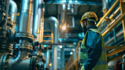 Fototapeta premium An engineer in safety gear inspecting machinery at a nuclear power plant, with a focus on the complex piping and valves.